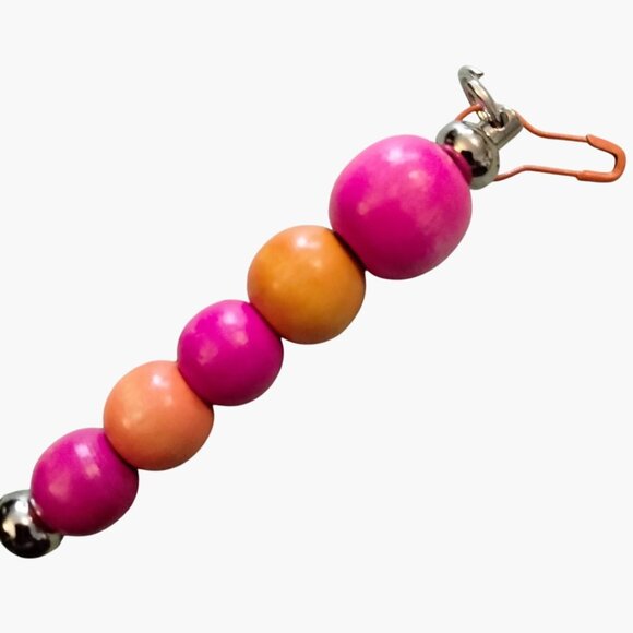 Beaded Bag Charm Zipper Pull Key Fob Pink Orange Wooden Beads Metal Clip - Picture 1 of 4